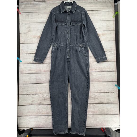 Triarchy Jumpsuit Womens Large Black Denim Button Front Long Sleeve Coveralls - Picture 1 of 13